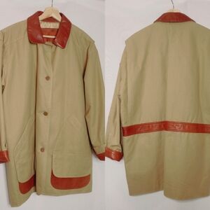 Vintage Khaki Coat with Brown Leather Trim